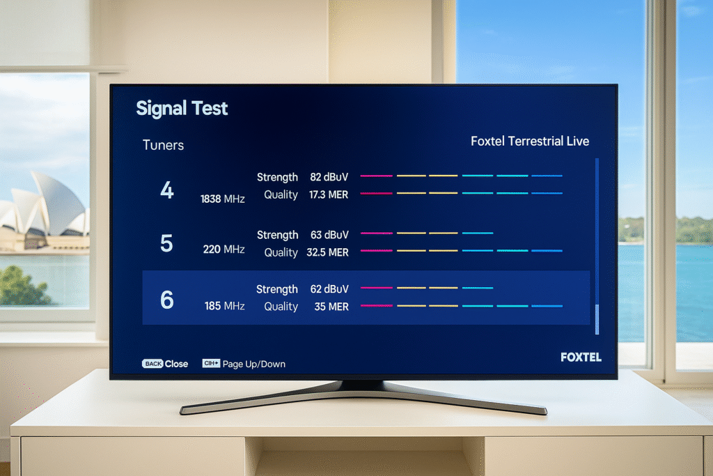 Flat-screen TV displaying Foxtel satellite signal test with tuner frequencies, signal strength in dBuV, and MER quality values on a coaxial setup.