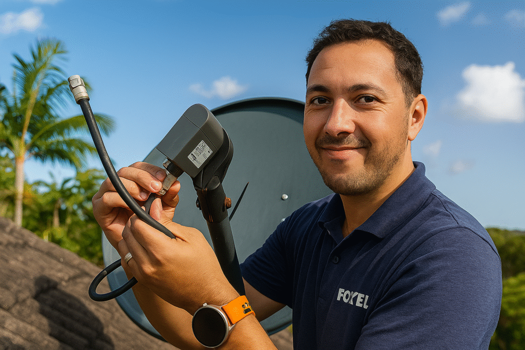 Foxtel technician on a sunny Australian rooftop connecting a coaxial cable to a satellite dish LNB, wearing a navy polo and smartwatch.