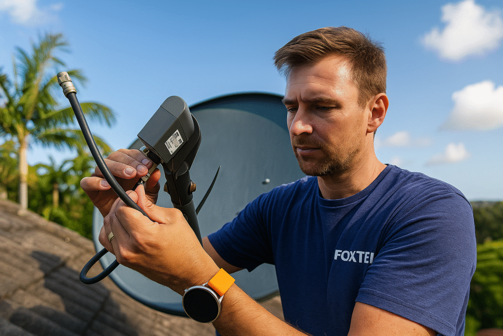 Foxtel technician on a sunny Australian rooftop connecting a coaxial cable to a satellite dish LNB, wearing a navy polo and smartwatch.